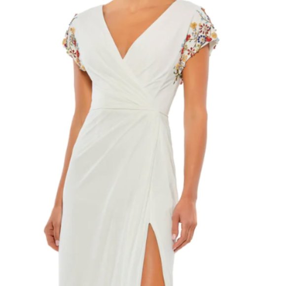 MAC DUGGAL 55709 EMBELLISHED SLEEVE JERSEY WRAP WHITE MULTI GOWN sz 6 - Picture 1 of 9